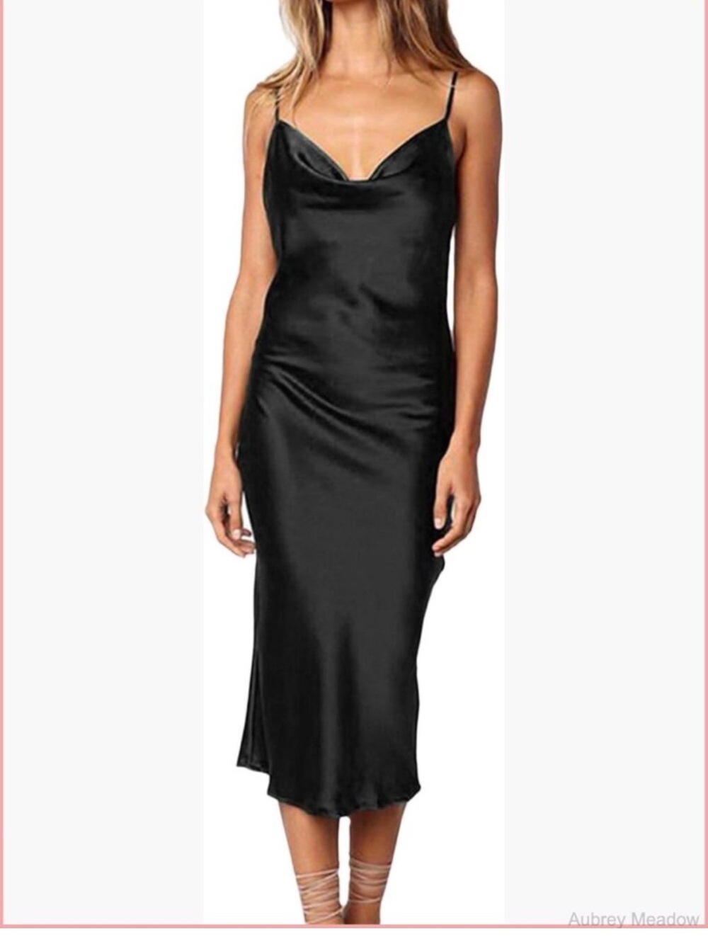 Black Cowl Neck Satin Sheath Tea-Length Dress